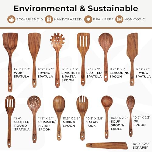 Wooden Spoons for Cooking 13 Pcs, Teak Wooden Utensil Set for Nonstick Pans - Image 4