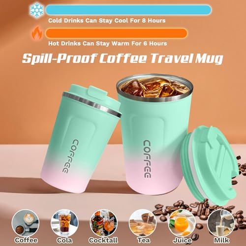 SPLMIFA Travel Coffee Mug Leak-Proof, Reusable Coffee Cups with Lids, Stainless Steel Vacuum Insulated Coffee Tumblers, Thermal Insulation Cup for Men and Women Hot & Cold Drinks(2nd-Green Pink, 12OZ) - Image 2