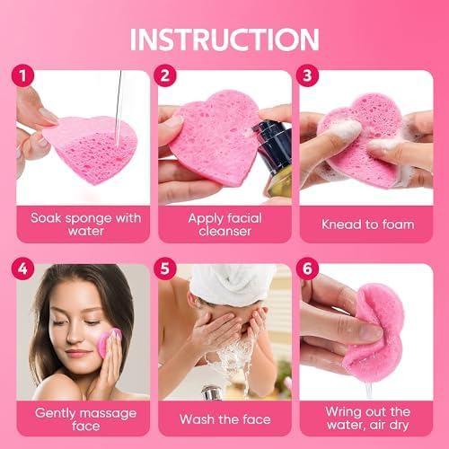GAINWELL 50-Count Heart Shape Compressed Facial Sponges for Daily Facial Cleansing and Exfoliating, 100％ Natural Cosmetic Spa Sponges for Makeup Remover - Image 3
