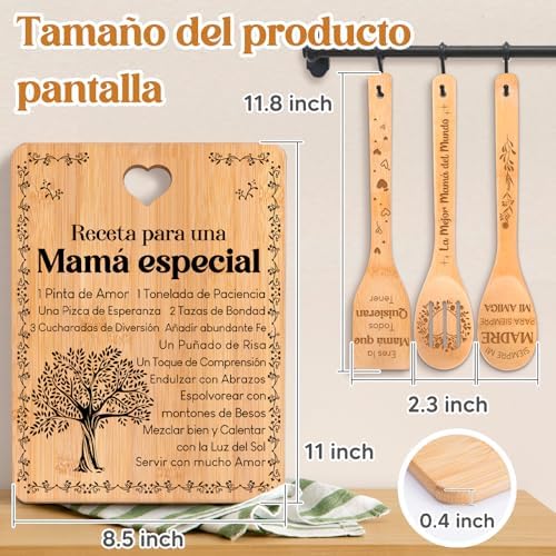 Regalos de cumpleaños para mamá - "Receta para una mamá especial". Juego de tablas de cortar y utensilios de bambú grabados. Regalos de cumpleaños para mamá. Spanish Mom Cutting Board - Image 6