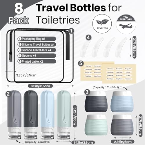 Travel Bottles for Toiletries 8 Pack, TSA Approved Travel Size Toiletries Containers Set, 4 Silicone Leak Proof Refillable Bottles and 4 Creams Jars Accessories Kit W/Clear Bag (GRAY) - Image 3