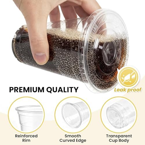 100 Pack 16 oz Plastic Cups with Lids and Straws, Clear Disposable Plastic Cups, Heavy Duty Iced Coffee Cups with Leak-Resistant Lids, Cold Drink Cups for Smoothies, Juice, Soda & Party To Go - Image 3