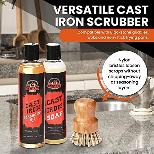 Heritage Products Cast Iron Scrub Brush, Palm Brush Kitchen Dish Scrubber with Natural Bamboo Wood Handle and Densely Packed Nylon Bristles Protects Nonstick Cast Iron Seasoning During Dishwashing - Image 6