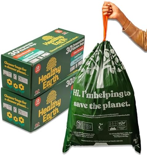 Healthy Earth 13 Gallon Compostable Drawstring Trash Bags, 1.13 Mil Extra Thick Tall Kitchen Liners (49.2 L), Heavy Duty Leak-Proof Food Scrap Bags, BPI & TÜV OK Compost Certified, 60 Count by HealthyEarthBags