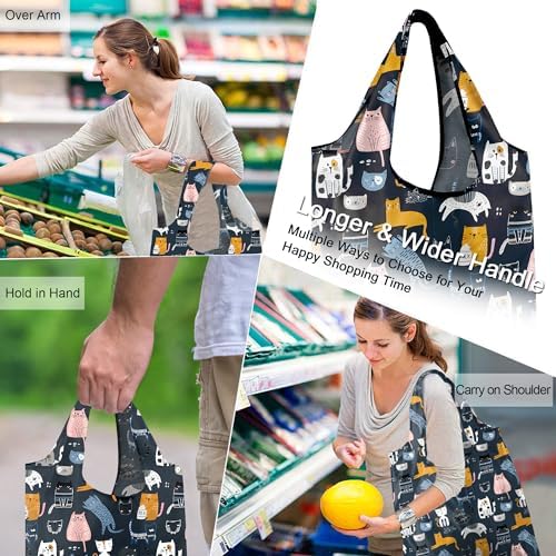 BeeGreen 6 Pack Cats Reusable Grocery Bags Gifts for Cat Lovers with Elastic Band Reusable Shopping Bags Bulk 50LBS X-Large Foldable-Machine Washable-Heavy Duty - Image 2