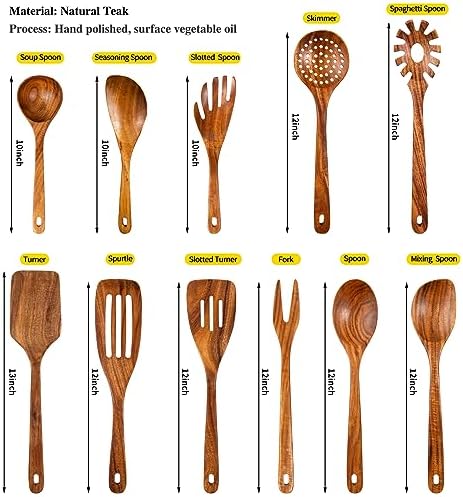 GUDAMAYE 11 PCE Wooden Spoons for Cooking, Wooden Kitchen Utensils Set,Wooden Cooking Utensils,Natural Teak Wooden Spoons For Non-stick Pan - Image 2