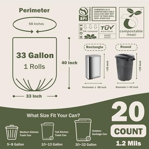 Compost Bags 33 Gallon 125 Liter Extra Thick 1.2 Mils Compostable Food Scrap Waste Bags with US BPI ASTM D6400 and Europe OK Compost Home Certified 20 Counts - Image 4