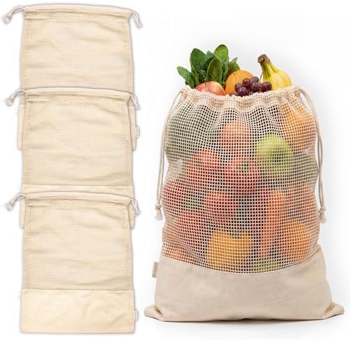 LEAFICO Reusable Produce Bags – 100% Cotton Mesh & Solid Hybrid (Medium 10x12 inch 3 Pcs) – Grocery Storage Bags for Fruit, Vegetables, Bulk Food – Washable, Plastic-Free, Breathable, Zero Waste by Leafico