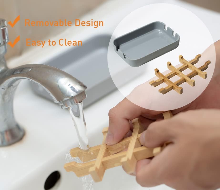 Eco-Friendly Bamboo Soap Dishes, Removable Soap/Sponge Holder for Home, Bathtub Soap Tray, Grey - Image 4