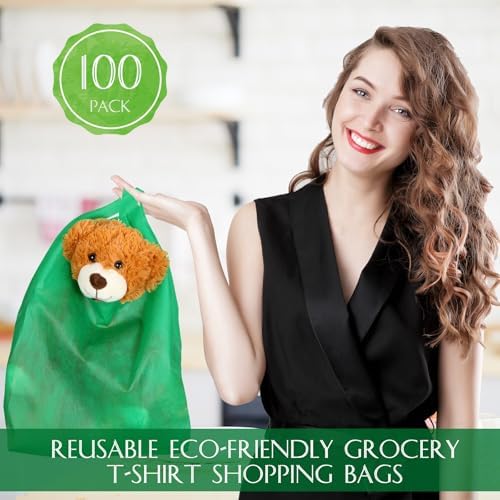 Windyun Large Grocery T-shirt Bags Bulk Reusable Non Woven Shopping Bag Foldable Gift Tote with Handle, 20.5x11x5.5 Inch - Image 2