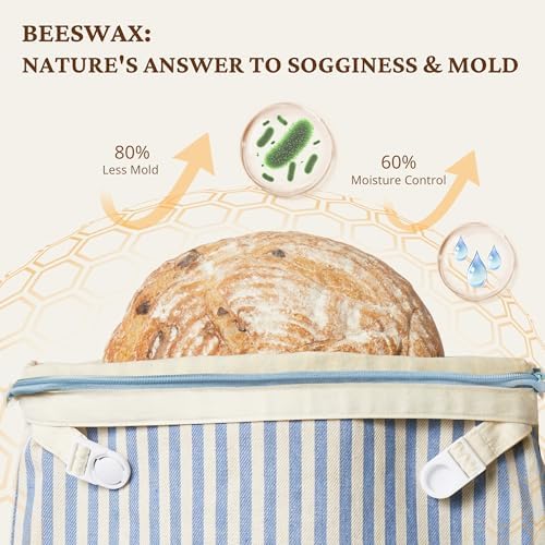 BRONYPRO Reusable Beeswax and Cotton Bread Bags with Zipper, 2-Pack Waxed Bread Bags for Homemade Bread & Sourdough, Sustainable Sourdough Loaf Storage to Lock in Freshness, Large 17x12.6in, Blue - Image 4