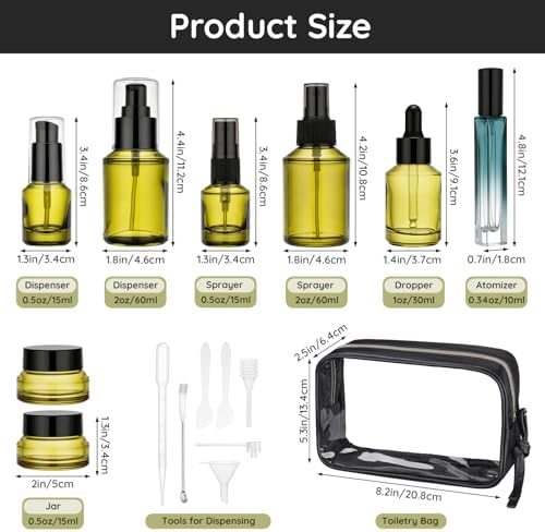 Segbeauty 8pcs Green Travel Essentials Bottles Skincare Containers Set with Makeup Bag, Empty Small Sprayer Travel Size Containers for Toiletries, Glass Dropper Bottle, Lotion Pump Bottle Cream Jar - Image 3