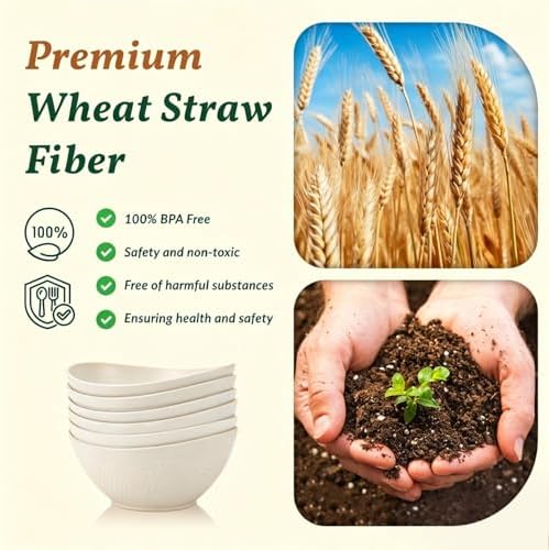 Homienly Salad Bowls Set of 6, 60 OZ Large Wheat Straw Bowls for Kitchen, Camping, Party, Unbreakable Lightweight Popcorn Bowl, Microwave and Dishwasher Safe Bowl Set with Unique Texture - Beige - Image 3