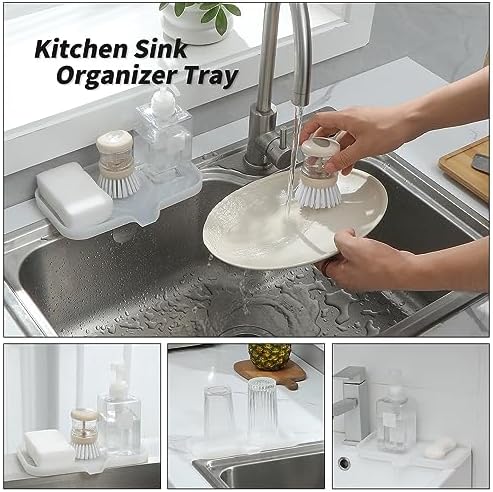 MicoYang Silicone Soap Dish with Drain Spout — Self-Draining Sink Organizer Tray for Bathroom & Kitchen, Sponges, Dispensers & Soap Holder, Non-Slip & Dishwasher Safe, Translucent (Medium, 9.6"×5.3") - Image 4