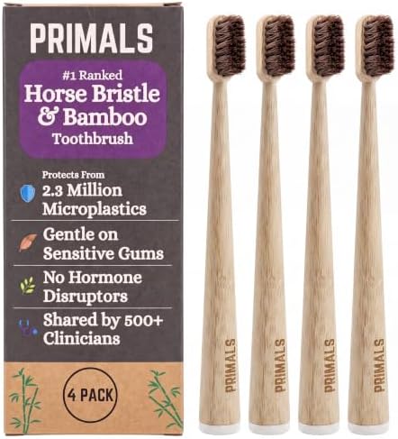 PRIMALS Horse Bristle & Bamboo Toothbrush (4-Pack) - Luxurious & Soft Horse Bristles - Fully Biodegradable - Plastic & Nylon Free - Quick Dry Design by PRIMALS