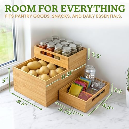 HOMESTEAD 3-Piece Stackable Bamboo Storage Box, Large Storage Bin, Wooden Boxes for Makeup Drawer Organizer Bathroom, Office Supplies, Kitchen Utensils, Bamboo Storage Containers - Image 3