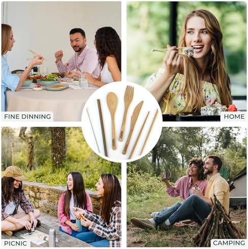 Travel Utensils with Case Set Fork, Knife, Spoon, Chopsticks, Straw, Straw-cleaning brush, Travel Pouch and Carabiner, Excellent For Everyday Use! ((2 Sets) Midnight Black/Sky Blue) - Image 4