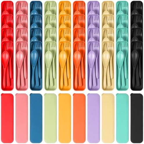 YDYTOP Reusable Travel Utensils Set with Case, 40 Sets Wheat Straw Knife Fork Spoon Cutlery, Multicolor Plastic Silverware for Kids and Adults, School Lunch, Party, Picnic and Camping by YDYTOP