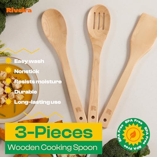 Riveira Maple Wooden Spoons for Cooking Set of 3 – Natural Maple Wooden Cooking Utensils, Wooden Spatula, Wooden Spoon - Premium Quality Utensil Set for Non-Toxic Cooking - Image 3