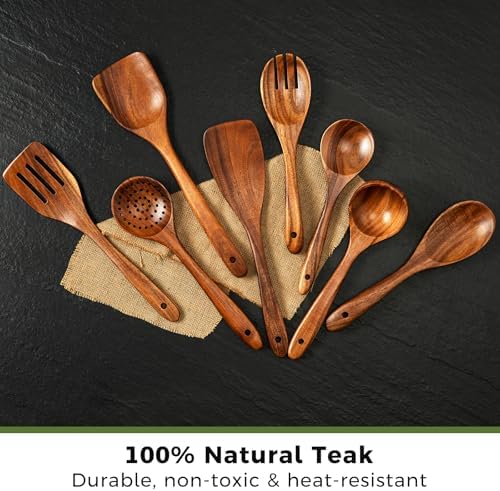 8 Pcs Teak Wooden Utensil Set, Wooden Spoons & Spatula for Cooking - Image 2