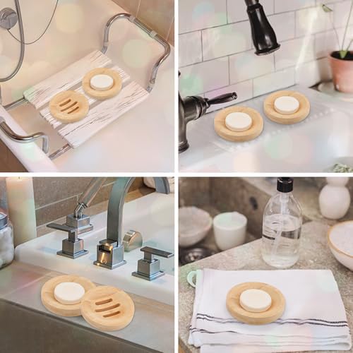 4 Pieces Bamboo Soap Dish Holders - Round Natural Wooden Soap Trays, Rustic Bathroom Accessories, Eco-Friendly Drainable Soap Savers for Sink, Kitchen, Shower - Image 5