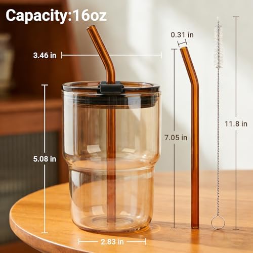 Luxfuel 16 oz Glass Cups with Lids and Straws Reusable Iced Coffee Tumbler - Image 5