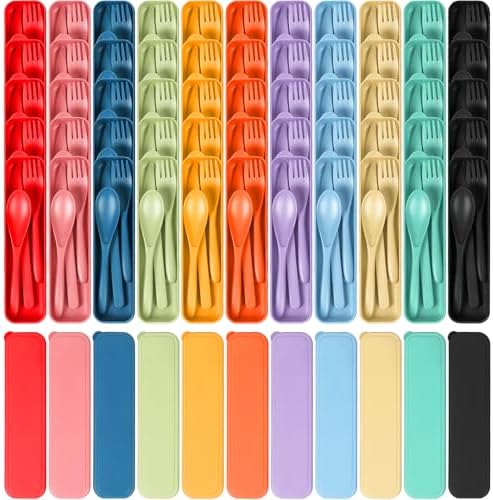 YDYTOP Reusable Travel Utensils Set with Case, 55 Sets Wheat Straw Knife Fork Spoon Cutlery, Multicolor Plastic Silverware for Kids and Adults, School Lunch, Party, Picnic and Camping by YDYTOP