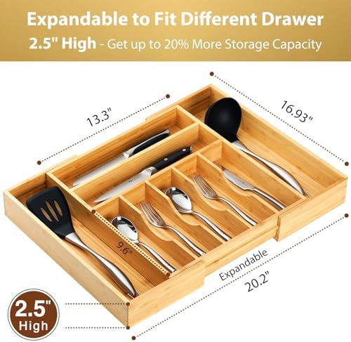 Umilife Large Expandable Kitchen Silverware Utensils Drawer Organizer, 2.5" Extra High Adjustable Drawer Divider with Curved Grooves, Bamboo Wood Cutlery Tray Flatware Holder - Image 2