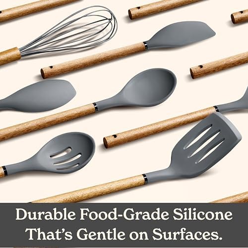 Country Kitchen Non Stick Silicone Utensil Set with Rounded Wood Handles for Cooking and Baking, 8 Piece Set, Gray - Image 4