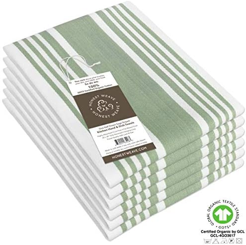 HONEST WEAVE GOTS Certified Organic Cotton Kitchen Hand and Dish Towel Sets - Oversized 20x30 inches, Fully Hemmed, in Designer Colors, 6-Pack, Sage Stripe - Image 3