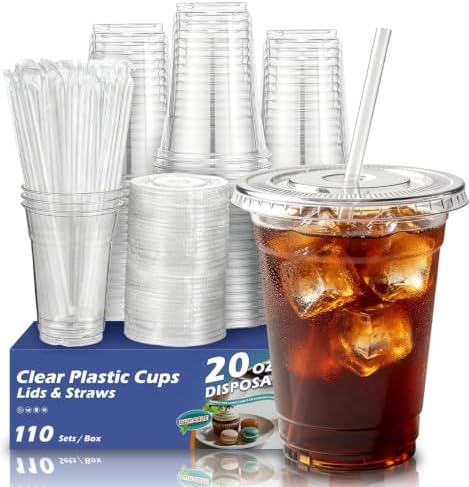 110 Pack 20 oz Disposable Clear Plastic Cups with Lids and Straws by VOATREE