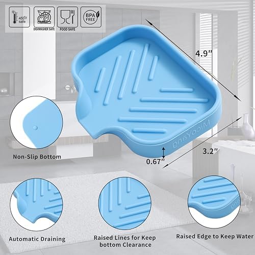 MicoYang Silicone Soap Dish with Drain Spout, Self-Draining Sink Organizer Tray for Bathroom & Kitchen, Sponges, Dispensers & Soap Holder, Non-Slip and Dishwasher Safe, Light Blue (Compact, 4.9"×3.2") - Image 2