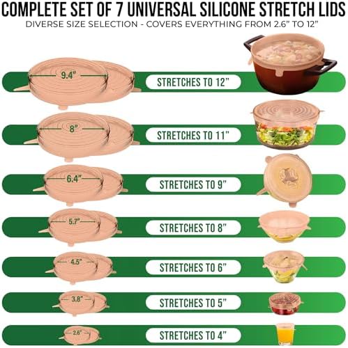 Reusable Silicone Stretch Lids for Food Storage in Fridge - Elastic Heat-Resistant Bowl Covers, Cups, Cans, Jars - Universal Food Grade Lid for Containers - 7 Pack - Apricot Stretchy Lid Set - Image 2