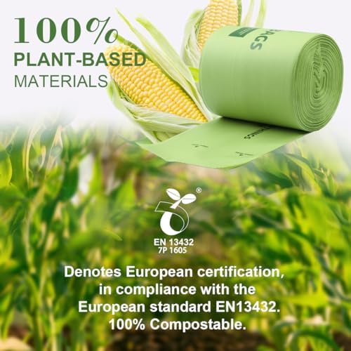 100% Compostable Trash Bags, 13 Gallon, 49.2 Liter, 0.91 Mils, 65 Count Kitchen Tall Food Scrap Compost Bags for Tall Kitchen Trash Cans with Europe EN13432 Certified - Image 4