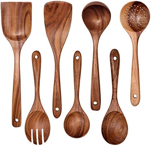 Wooden Non-Stick Kitchen Pan Toolset 7 Pieces Set, Natural Kitchen Utensils Spatula, Wooden Cooking Utensils Spoons, Fried Spatula and Salad Fork by YYLTJR