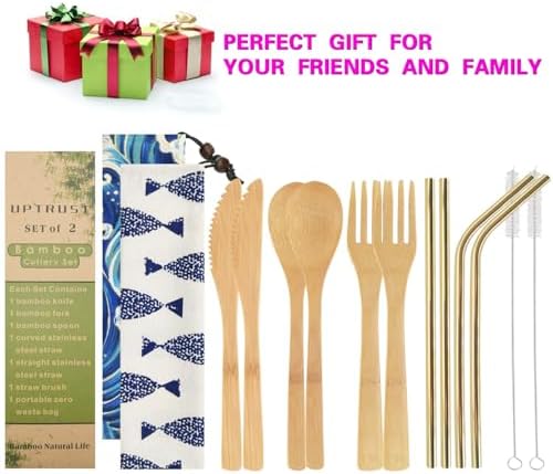 Uptrust Bamboo 2 Set Travel Utensils - Reusable Cutlery with Case, 7.8 Inch Knife, Fork, Spoon, 3 Colors Metal Straw - Golden Straw - Image 3