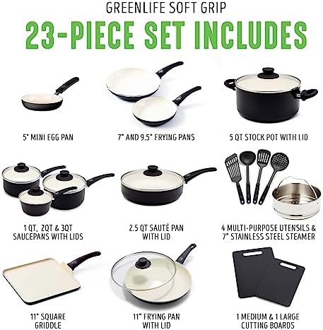 GreenLife Soft Grip Healthy Ceramic Nonstick 23 Piece Kitchen Cookware Pots and Frying Sauce Saute Pans Set with Kitchen Utensils, PFAS-Free, Dishwasher Safe, Black - Image 3