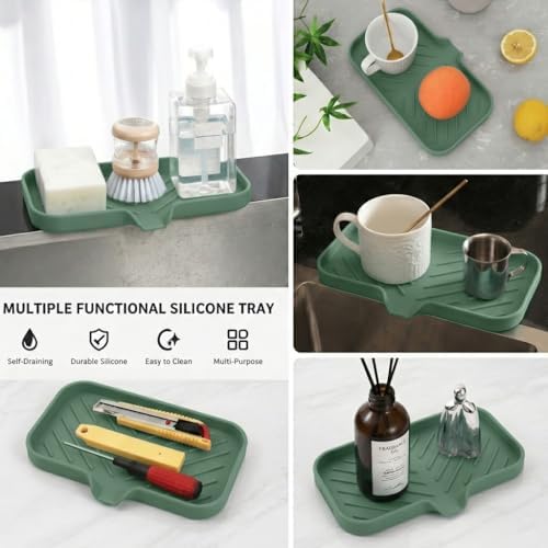 MicoYang Silicone Soap Dish with Drain Spout — Self-Draining Sink Organizer Tray for Bathroom & Kitchen, Sponges, Dispensers & Soap Holder, Non-Slip & Dishwasher Safe, Green (Medium, 9.6"×5.3") - Image 5