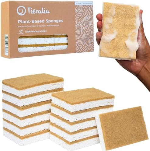Tieralia Natural Dish Sponge Set – 12-Pack Eco-Friendly & Compostable Scrubbers | Cellulose & Sisal | Non-Toxic, Odor-Free, Reusable Kitchen Sponges for Dishes, Sink, Pots & Pans by Tieralia
