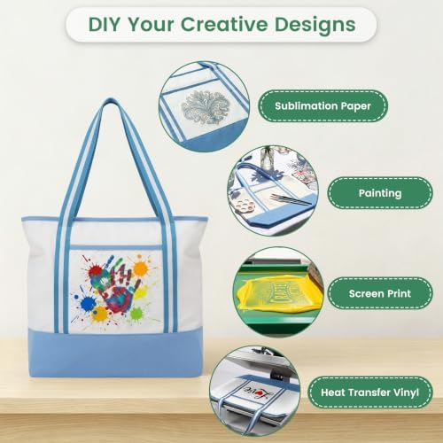 Carbrea 15 Inch Large Canvas Tote Bag with Bottom Support, Blue, 1 Pack - Image 6