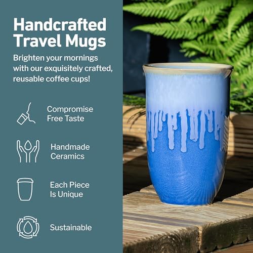 NOVA CERAMICS Ceramic Tumbler– Blue Ceramic Mug – Microwave & Dishwasher Safe Coffee White & Orange Tumbler - Leak-Proof Coffee Travel Mug – 12oz – Neptune - Image 2