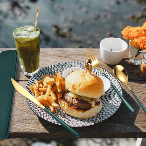 AARAINBOW 6 Pieces 18/8 Stainless Steel Flatware Set Portable Reusable Cutlery Set Travel Utensils Set Including Chopsticks Knife Fork Spoon Straws Cleaning Brush Dishwasher Safe (Green golden) - Image 4