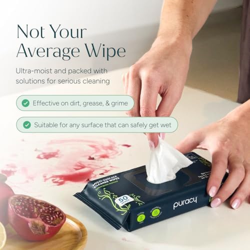 Puracy All Purpose Cleaning Wipes – Non Toxic Multi-Surface Cleaner & Appliance Wipes for Car, Bathroom, Kitchen – Lemongrass Scent (50 Count, 1 Pack) - Image 4