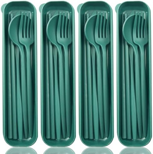 ELANE 4 Sets Reusable Travel Utensils Set with Case,Camping Cutlery Set Reusable Cutlery Set with Case,Utensil Sets for Lunch Picnic Daily Use Outdoor (darkgreen) by ELANE