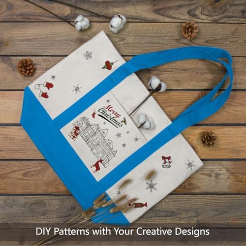 TOPDesign 6-Pack Canvas Tote Bags with an External Pocket, Reusable Grocery Shopping Bags, Top Zipper Closure, Daily Essentials (Ocean Blue/Natural) - Image 3