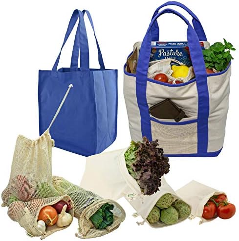 Simple Ecology Reusable Grocery Shopping 8 Bag Gift or Starter Set, Washable, Durable, Organic Cotton, Natural with Blue by Simple+Ecology