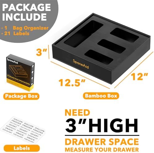 SpaceAid Bag Storage Organizer for Kitchen Drawer, Bamboo Organizer, Compatible with Gallon, Quart, Sandwich and Snack Variety Size Bag (1 Box 4 Slots), Black - Image 3