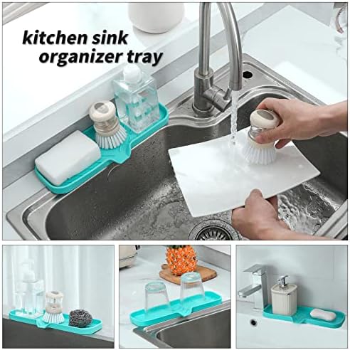 MicoYang Silicone Soap Dish with Drain Spout — Self-Draining Double Sink Organizer Tray for Kitchen & Bathroom, Dispensers, Sponges & Soap Holder, Non-Slip & Dishwasher Safe, Mint (Large, 12"×4") - Image 5