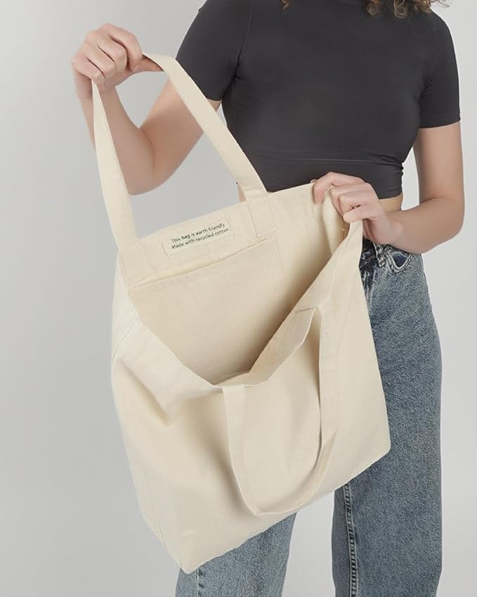 Recycled Cotton Canvas Tote Bags with Gusset – 12 Pcs Bulk Reusable Canvas Bags with Handles for Shopping, Work Bag
