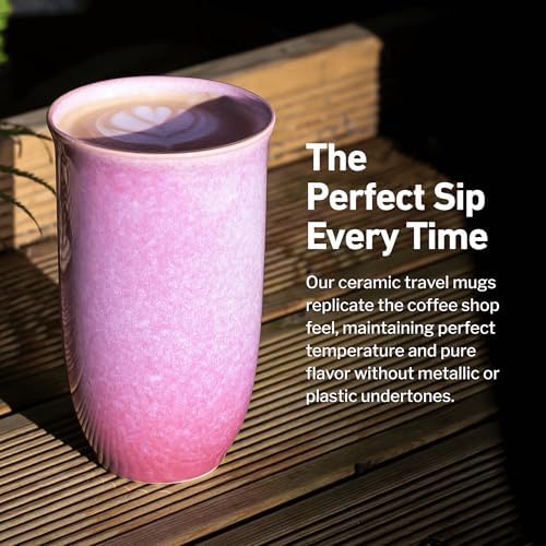 NOVA CERAMICS Coffee Travel Mug – Cup Holder Friendly Travel Mug– Microwave & Dishwasher Safe White & Purple Tumbler - Coffee Mug Fits In Cup Holder – 16oz – Astral Bloom - Image 4